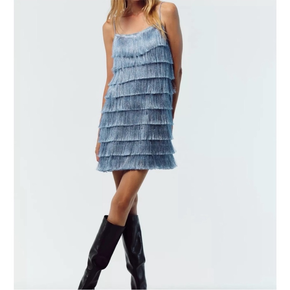 Zara Light Blue Layered Fringe Mini Dress
